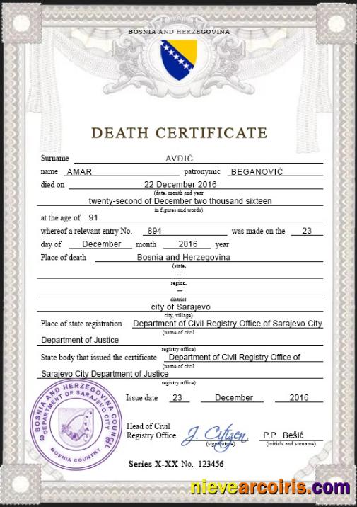Bosnia and Herzegovina vital record death certificate